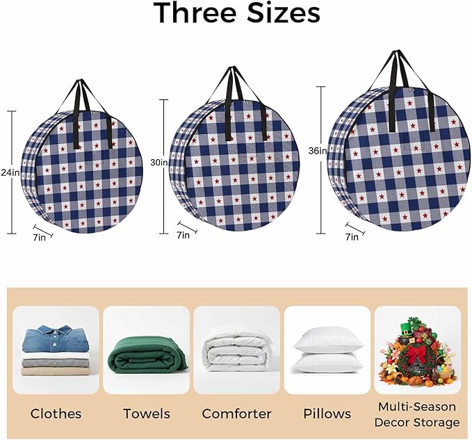 Independence Day Round Storage Bag 36 Inch, Patriotic Star Plaid Blue White Clothes Storage Container with Handles Heavy Duty Organizer for Comforter, Bedding & Holiday Wreaths
