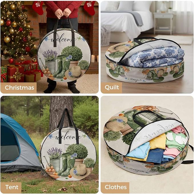 36 Inch Round Storage Bag 1 Pack,Farm Lavender Egg Radish Waterproof Wreath Storage Container with Handles&Zipper Retro Flowers on Linen Closet Organizer Bags Garland Box