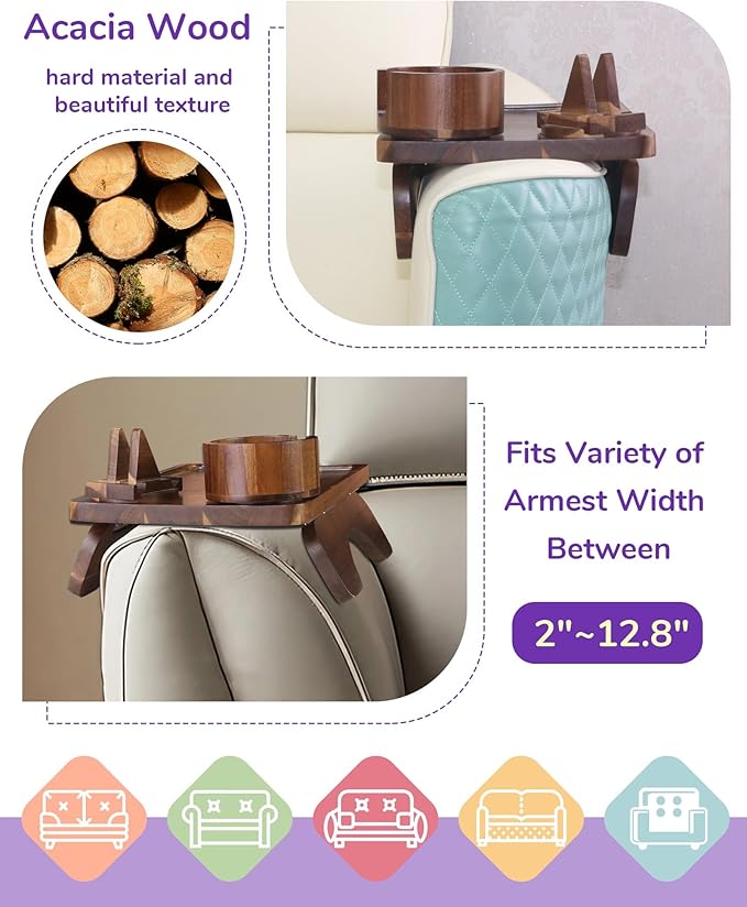 Couch Armrest Table with Oversized Cup Holder & Dual-Tower Phone Stand 3-in-1 Sofa Arm Tray, Acacia Wood Couch Arm Table with 360° Rotating Holders, Foldable Couch Cup Holder Tray for Drinks & Snacks