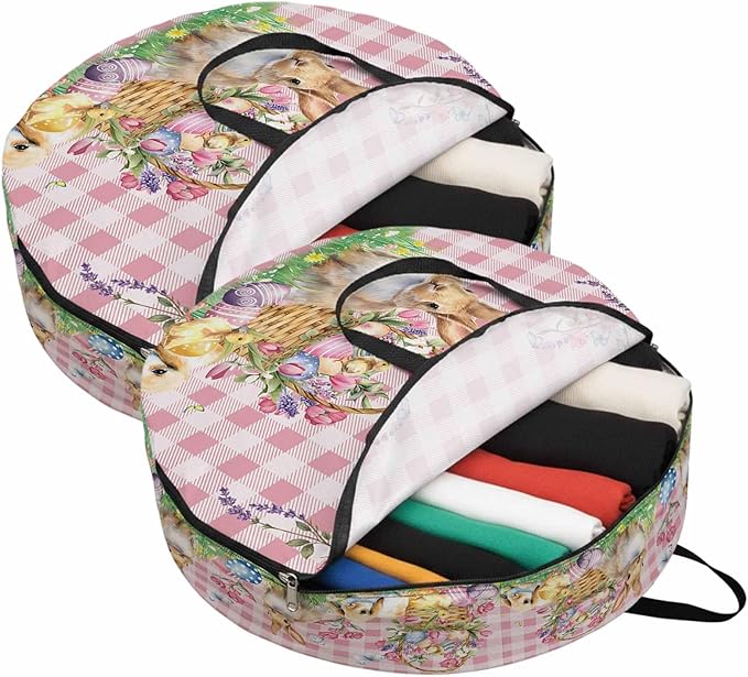 36 Inch Round Storage Bag 2 Pack,Easter Bunny Eggs Basket and Chick Waterproof Wreath Storage Container with Handles&Zipper Spring Flower with Pink Lattice Closet Organizer Bags Garland Box