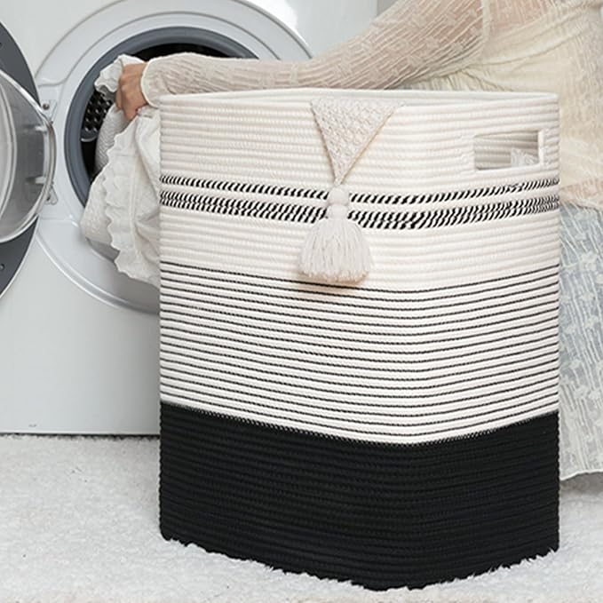 80L Large Cotton Rope Laundry Basket for Bedroom & Laundry Room, Tall Clothes Hamper with Sturdy Handles, Neutral Storage Bin Capable of Holding Blankets and Toys
