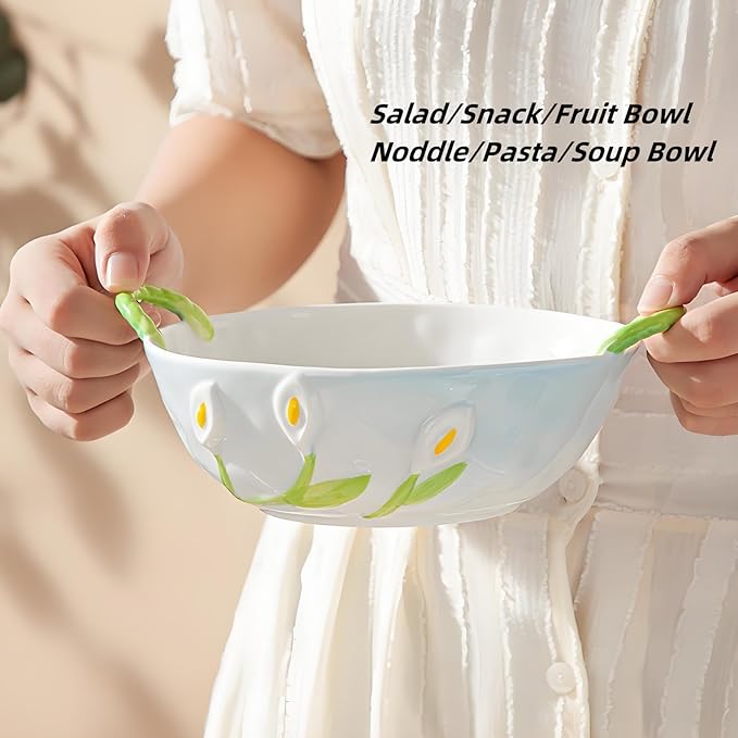 Ceramic Fruit Bowl with Handles, 3D Hand-Painted Calla Lily Floral Design Serving Bowl for Soup, Pasta, Salad and Snacks, 24oz, Microwave & Dishwasher Safe