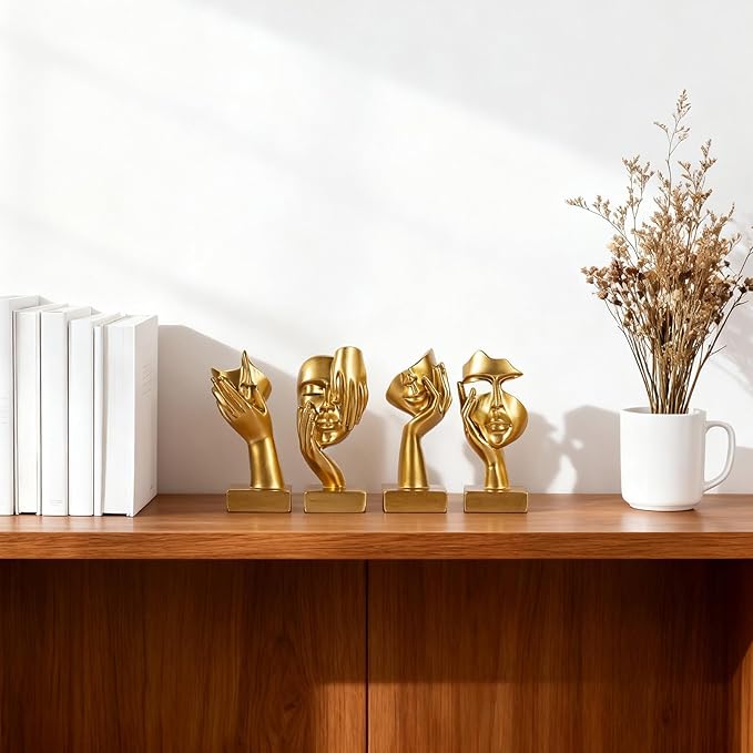 Gold Abstract Thinker Figurine Set of 4, Home Art Face Small Statue for Accents Decor Women Bedroom Shelf Bookcase Room Desk, TV Stand, Coffee Table Decor, Art Sculpture Gifts for Women (Gold)