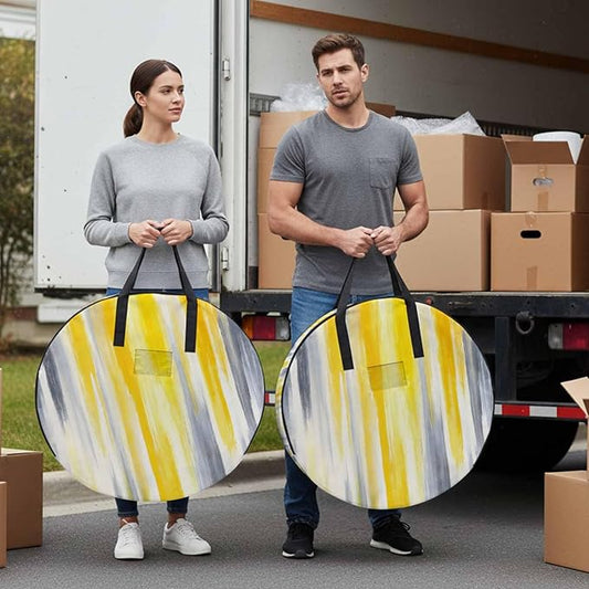 24 Inch Round Storage Bag 2 Pack,Grey Yellow Abstract Texture Waterproof Wreath Storage Container with Handles&Zipper Retro Graffiti Closet Organizer Bags Garland Box