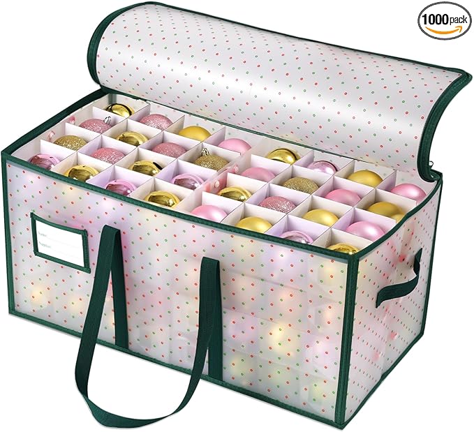 Portable Waterproof Christmas Ornament Storage Box, Large Capacity 128 Slots for 3-Inch Ornaments, Double-Sided Trays with Durable Zippers