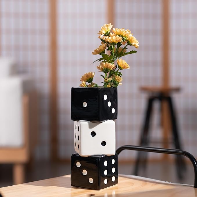 MOUGIGI Unique Handmade Dice Vase - Stylish Black & White Ceramic Decor for Home, Bar | Geometric Design Perfect for Fresh, Dried, or Artificial Flowers | Eye-Catching Centerpiece & Decorative Accent