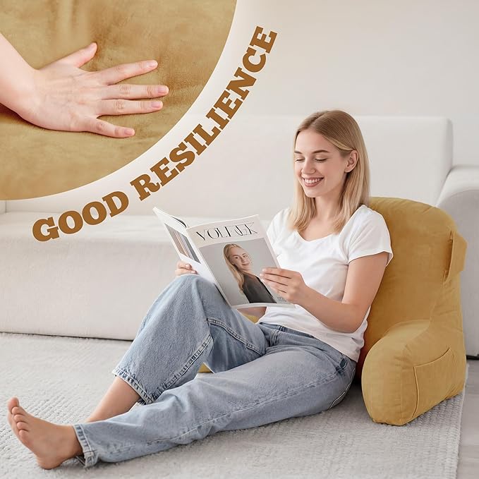 Unisakey Portable Comfy Reading Pillows for Bed Sitting Up(Camel Oeko-Tex), Velvet Back Pillow with Arms & Pockets for Adults, Support Memory Foam Bed Pillow for Dorm/Reading/Watching/Gaming