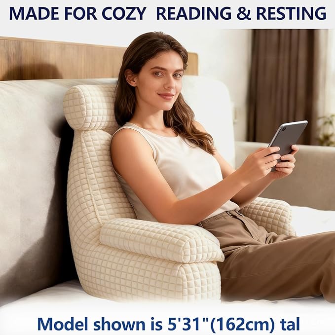 FXXUDVNIIN Back Pillow for Bed Sitting up – with 9.4" Armrest, for Reading, Gaming, Relaxing. Also Serves as tv Pillows for Sitting in Bed, Floor Pillow & Back Support for Adults.