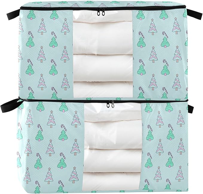 Burbuja Christmas Tree Clothes Storage Bag with Lids and Handle, 2 Pack Foldable Blanket Storage Container with Sturdy Zipper & Clear Window for Bedroom Closet, 60L
