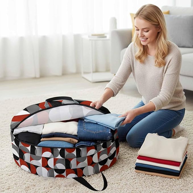 Storage Bag Mid Century Geometric Round Storage Totes Bins Closet Organizers with Zippers & Handle Abstract Modern Red Clothes Storage Container for Bedroom Dorm Space Saving Packing Supplies Bags