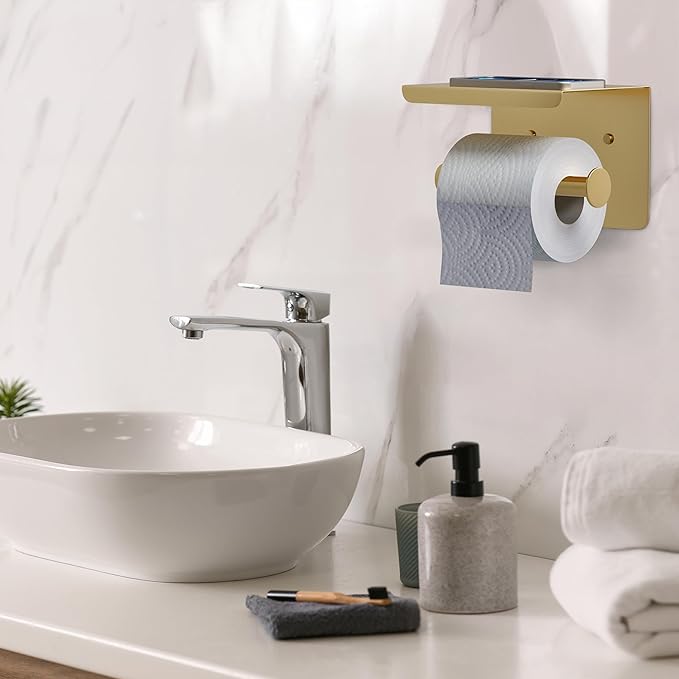 Brushed Gold Toilet Paper Holder with Shelf, SUS304 Stainless Steel Wall Mounted, Dual Installation Adhesive or Screw, Rustproof Modern Bathroom Tissue Roll Holder - 2 Pack