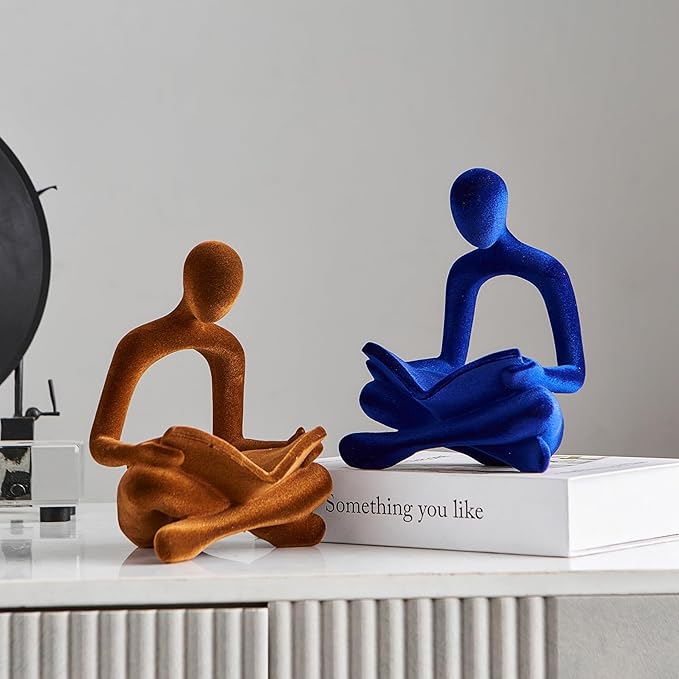Navy Blue Reading Statue Decor, Modern Abstract Thinker Sculptures Decorations for Living Room, Flocked Figurine for Dining Room Office TV Stand Shelf Coffee Table Decoration, Gifts for Women