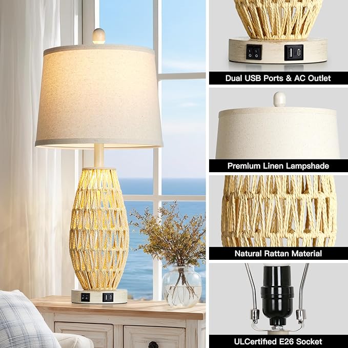 CINSARY 27“ Beige Rattan Table Lamps with Night Light, Boho Bedside Lamps Set of 2, Woven Wicker Bedroom Lamp for Nightstand with USB A+C Charging Port & AC Outlet, Tall Coastal Living Room Lamp