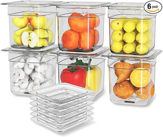 6 Pack Plastic Food Pan with Lid 1/6 Size 6 Inch Deep Restaurant Clear Food Storage Containers Polycarbonate Commercial Hotel Pans for Fruits Vegetables Beans Corns (6 PCS, 6'' Deep)