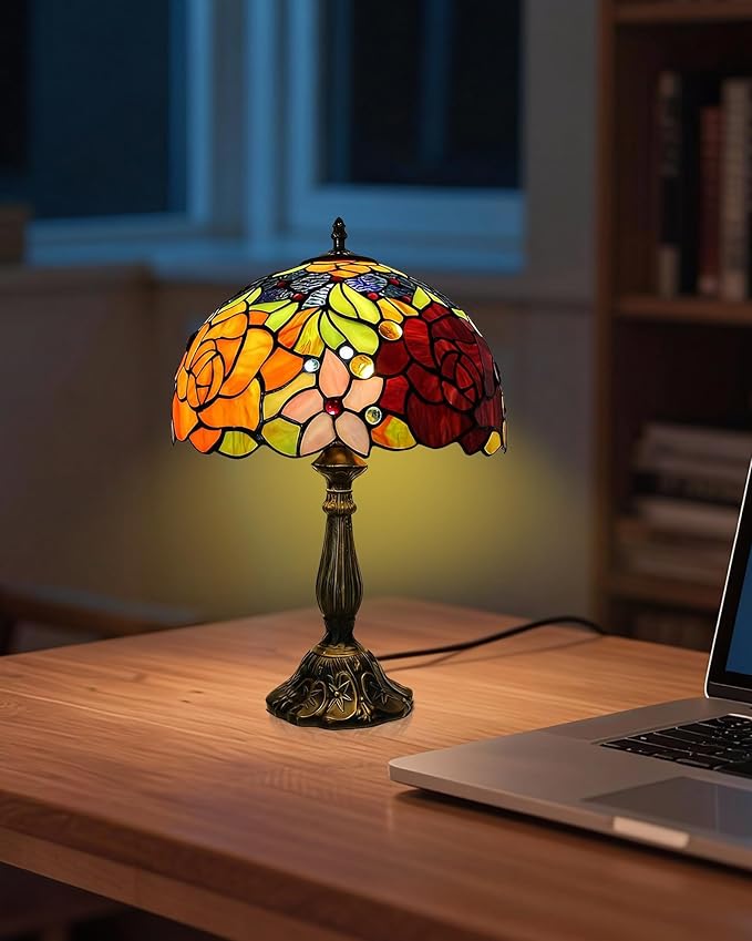 Tiffany Lamp - Rose Flower Stained Glass Table Lamp 12x12x18 Inches - Rose Flower Style Desk Reading Light - Bedroom & Living Room Decor