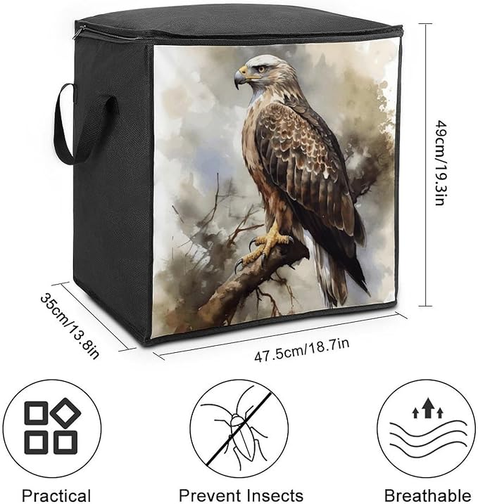 Watercolor of Hawk Sitting in The Tree Storage Bag Quilt Storage Bag with Sturdy Zippered Fashion Breathable Closet Organizer Storage Boxes with Carry Handles for Blanket Pillow Bedding