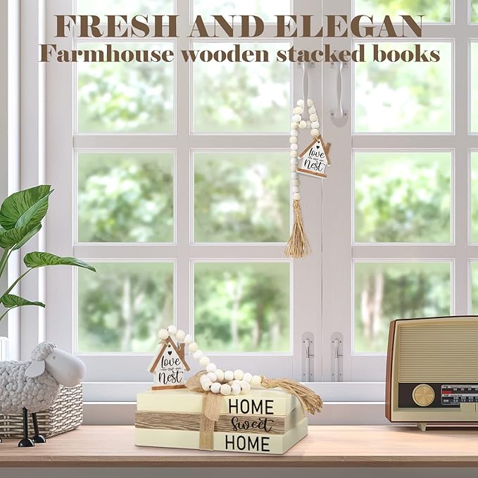Tatuo 4 Pcs Wooden Farmhouse Decorative Books for Home Decor Coffee Table Faux Books for Decoration White Fake Decorative Home Sweet Stacked Display Set with Beads Garland Shelf Living Room Decor
