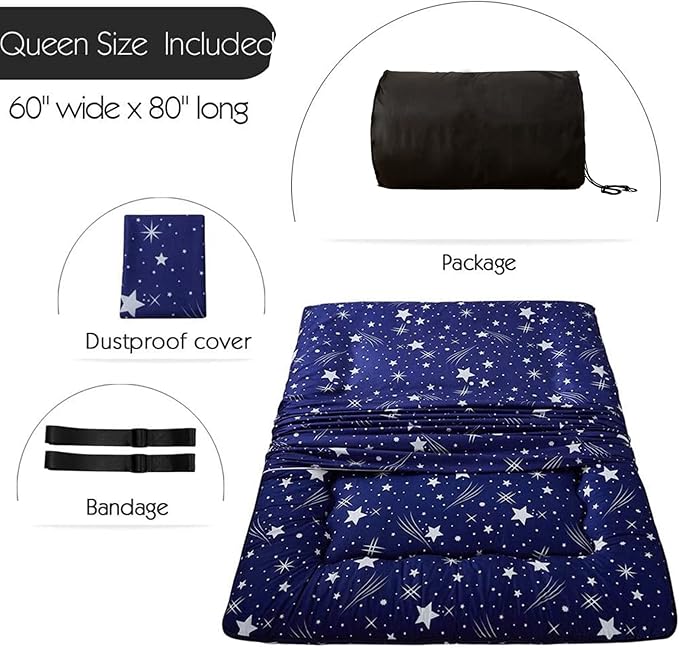 MAXYOYO Navy Starry Sky Japanese Floor Futon Mattress, Tatami Floor Mat Portable Camping Mattress Kids Sleeping Pad Foldable Rolling Up Floor Lounger Couch Queen with Mattress Protector Cover