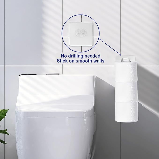 Bathroom Toilet Paper Holder with Storage Extra 3 Rolls, Over The Tank Toilet Paper Holder Wall Mount, Small Restroom Organizer, Adhesive RV Tissue Storage, Stainless Steel, Silver, 1PC