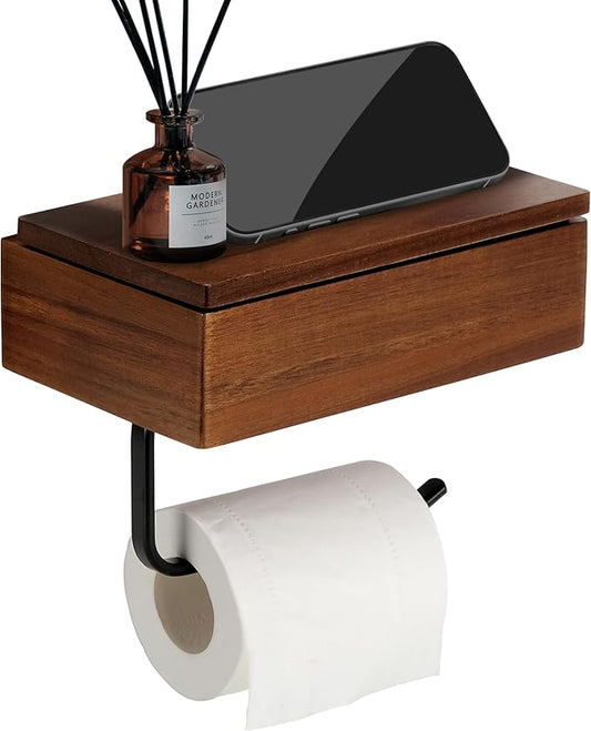 Toilet Paper Holder with Acacia Wood Shelf - Wall Mount & Self-Adhesive Bathroom Tissue Roll Holder, Black Stainless Steel with Storage - Home Apartment Restroom