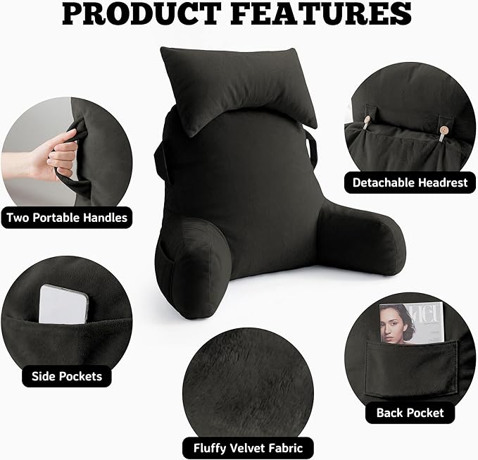 Unisakey Portable Reading Pillows with Headrest for Bed Sitting Up(Grey Oeko-Tex), Velvet Back Pillow with Arms & Pockets for Adults, Support Memory Foam Bed Pillow for Dorm/Reading/Watching/Gaming