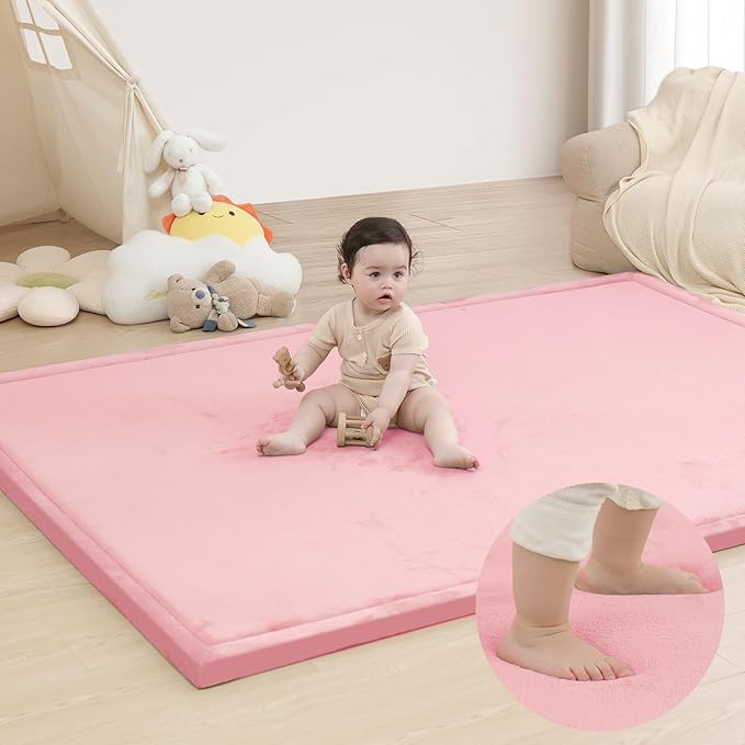 Baby Play Mat for Floor,1.3" Thick Memory Foam Tummy Time Mat,Soft Coral Velvet Nursery Rug,Extra Large Non Slip Crawling Mat for Toddlers,Infants,Kids,Yoga Mat,Tatami Mat for Living Room(Pink)