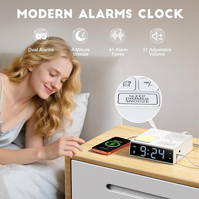 White Noise Sound Machine with Dual Alarm Clock - Soft Night Light 41 Non Looping Sounds USB Port Charger 3 Timers Memory Function 31 Adjustable Volume Sleep Sound Machine for Adult & Home Bedroom
