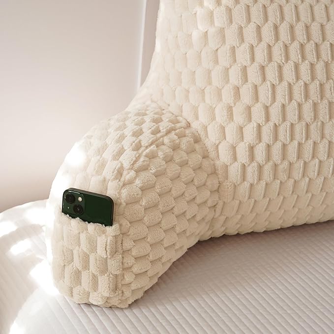 Yaoshuho Fluffy Reading Pillow for Sitting in Bed, Large Backrest Bed Pillow with Arms, Back Support Pillow for Lounging Bedrest, Beige