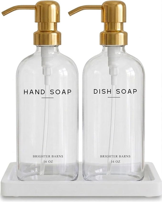Luxury Glass Hand and Dish Soap Dispenser Set by Brighter Barns - Gold Kitchen Soap Dispenser Set with Stainless Steel Pumps and Ceramic Tray - Modern Kitchen Decor for Home, Airbnb, Gift (Clear/Gold)