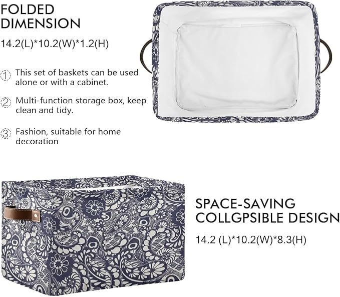 Decorative Storage Basket, Canvas Collapsible Box with Leather Handles, Navy Floral Pattern, 14.2x10.2x8.3 Inches, Rectangular Container for Bedroom Storage