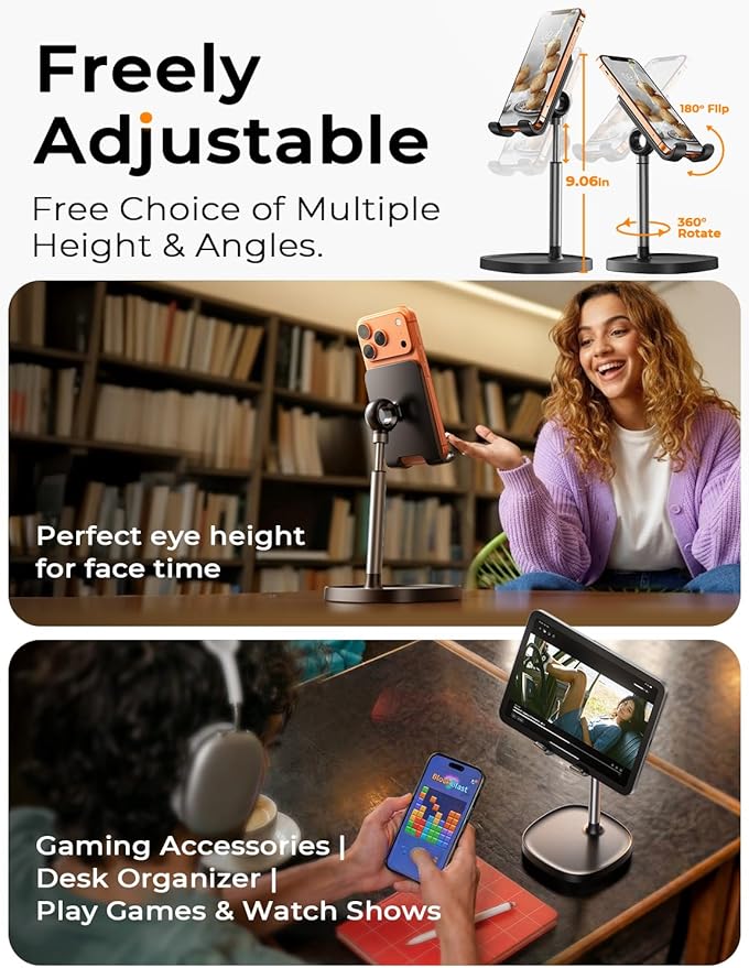 LISEN Cell Phone Stand Phone Holder for Desk Office Decor, Office Desk Accessories Women PC Gaming Essentials iPhone Stand Gadgets Men Gifts for Mom Fit OtterBox Case Switch iPad Air Tablet 4-10 in