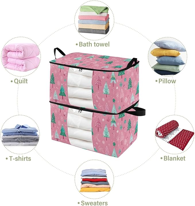 OTVEE Christmas Trees with Snowflakes on Pink Clothes Storage, 60L Foldable Storage Containers for Organizing Bedroom, Closet, Clothing, Comforter, Organization and Storage with Lids and Handle