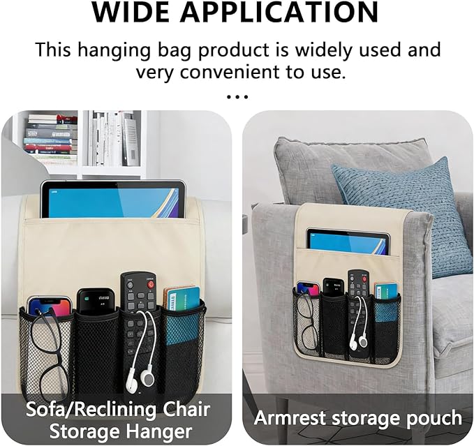 Armchair Caddy for Couch Remote Control Holder Recliner Armrest Organizer Non Slip Sofa Arm Chair Caddie with 6 Pocket Storage for Magazine, Tablet, Phone, iPad, Chocolate Leather white