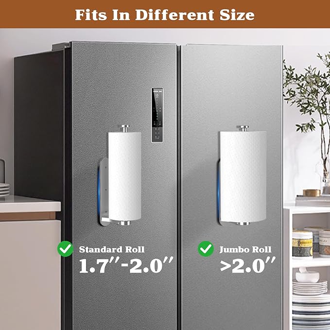 Swaitee Magnetic Paper Towel Holder for Fridge - No Drill, One Hand Tear with Ratchet Mechanism, Silver, Self-Adhesive & Wall Mount for Kitchen, RV, Garage