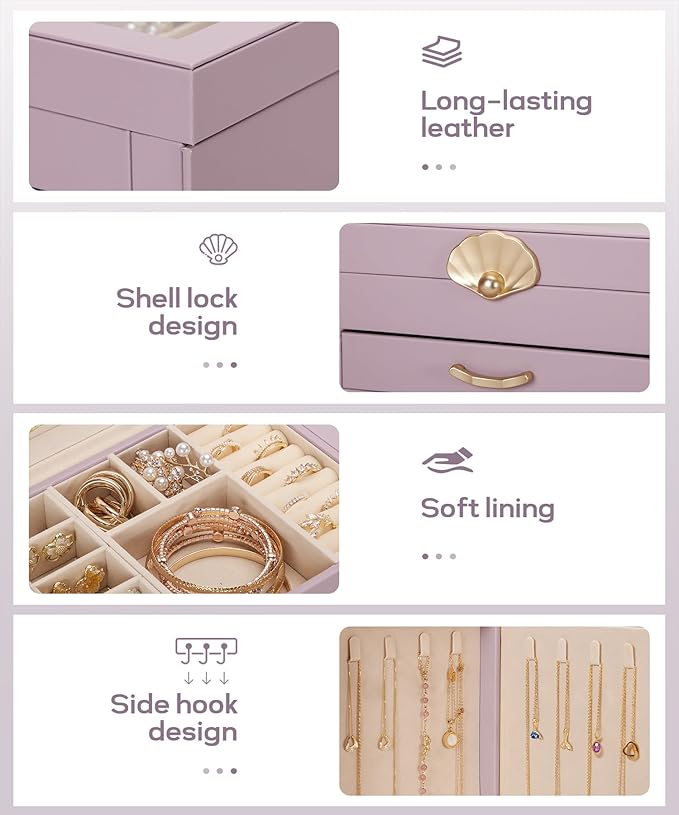 Enthralite Jewelry Box with 3 Drawers: Display Organizer for Earrings Necklaces - Gifts for Girls Women (Grey Purple)