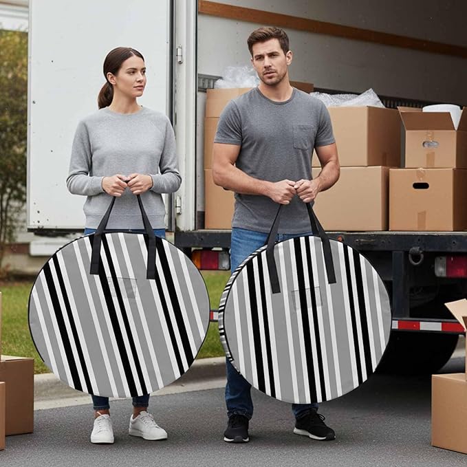Storage Bag Black Stripes Round Storage Totes Bins Closet Organizers with Zippers & Handle Grey Striped Lines Clothes Storage Container for Bedroom Dorm Space Saving Packing Supplies Moving Bags