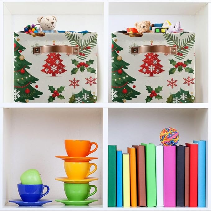 Christmas Storage Baskets with Handles, Decorative Collapsible Fabric Bins for Home Organization, Holiday Tree Pattern, 14.2x10.2x8.3 Inches