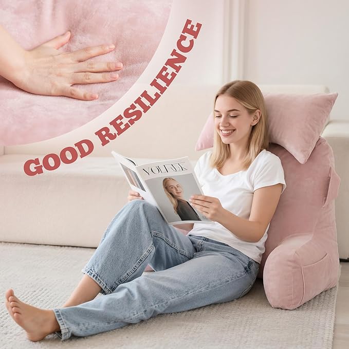 Unisakey Portable Reading Pillows with Headrest for Bed Sitting Up(Pink Oeko-Tex), Velvet Back Pillow with Arms & Pockets for Adults, Support Memory Foam Bed Pillow for Dorm/Reading/Watching/Gaming