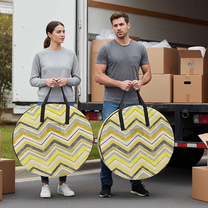Storage Bag Yellow Grey Chevron Round Storage Totes Bins Closet Organizers with Zippers & Handle Geometric Design Stripe Clothes Storage Container for Bedroom Dorm Space Saving Packing Supplies Bags