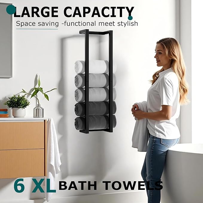 Towel Racks for Bathroom,VIDA-ZONE 304 Stainless Steel Towel Storage Racks for Rolled Bath Towels Can Hold 6 Large Towels,Wall Mounted 30 Inch Bathroom Organizer for Small Space Black Towel Holder
