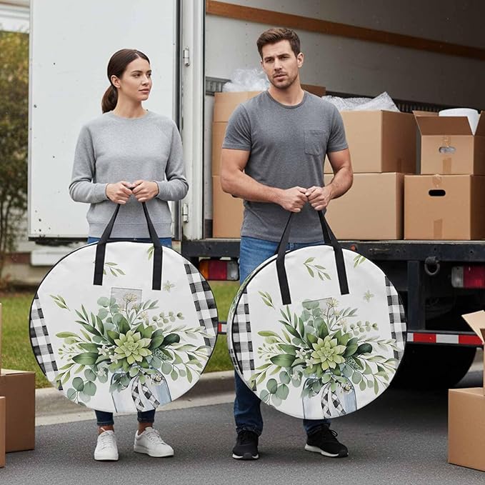 Storage Bag Eucalyptus Leaves Vase Round Storage Totes Bins Closet Organizers with Zippers & Handle Green Leaf Floral Black Plaid Clothes Storage Container for Bedroom Space Saving Packing Supplies