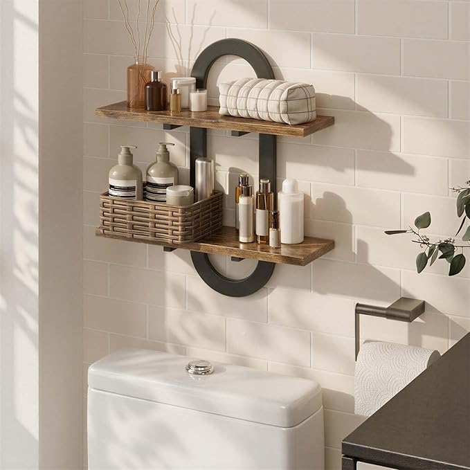 Arched Floating Shelves Set of 2, 15" Vintage Distressed Wall Mounted Shelves with Capsule Frame, Rustic Burnt Wood Hanging Shelves for Bathroom, Living Room, Kitchen, Brown