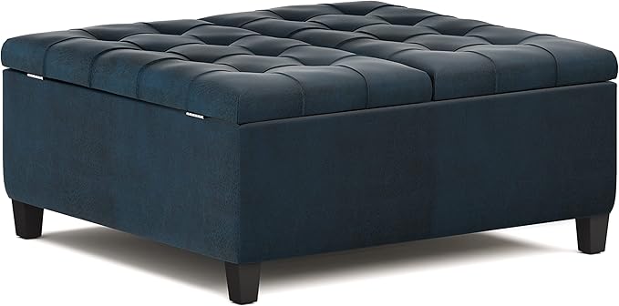 SIMPLIHOME Harrison Coffee Table Storage Ottoman - 36 inch Wide Upholstered Vegan Leather Square Lift-Top Ottoman in Distressed Dark Blue, Transitional Ottoman for Living Room with Hidden Storage