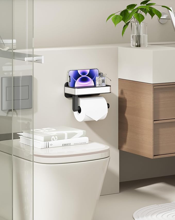 Kitsure Toilet Paper Holder with Shelf - Adhesive & Screw Wall Mount Toilet Paper Holder, Matte Black Design for Bathroom Decor, Space-Saving Toilet Paper Storage for Washroom, RV, Black, 6.9" W