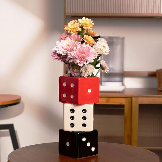 MOUGIGI Funky Dice Vase - Unique Ceramic Home Decor for Bars| Stylish Black, White & Red Geometric Design | Perfect for Fresh, Dried, or Artificial Flower Arrangements | Ideal Gift for Art Lovers