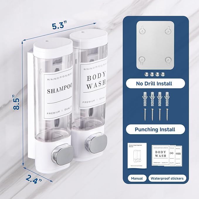 Shampoo and Conditioner Dispenser Bathroom Shower Soap Dispenser Wall Mounted Shampoo Dispenser for Shower Wall No Drill 2 * 300ml White 2 Chamber with Waterproof Labels
