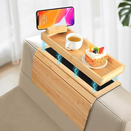 Bamboo Sofa Arm Tray – 2-in-1 Magnetic Detachable Couch Cup Holder & Armrest Table with Anti-Slip Pad, Convenient Tray for Drinks, Snacks & More,Natural