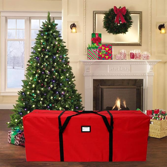 OurWarm Christmas Tree Storage Bag Extra Large Heavy Duty Storage Containers for 8 Ft Artificial Tree 600D Oxford Xmas Holiday Tree Storage Bags with Reinforced Handles Zipper, Red 50" x 15" x 20"