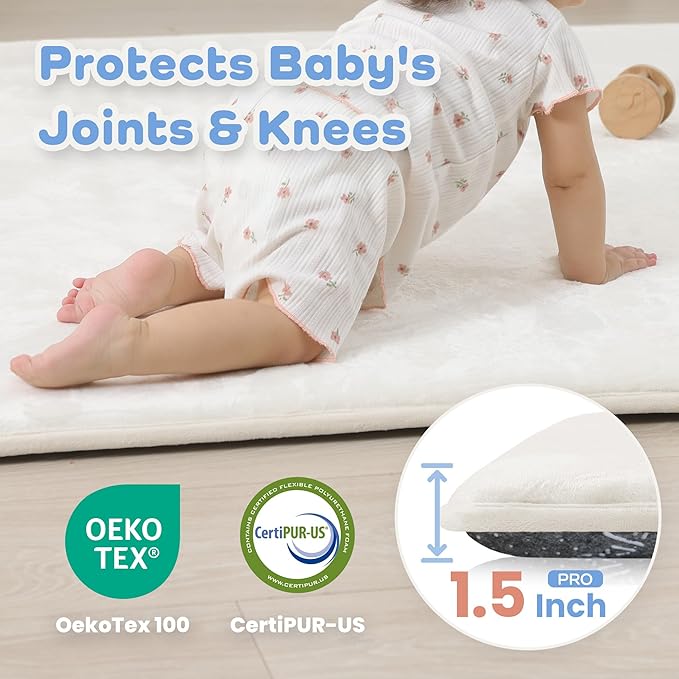 1.5" Thick Baby Play Mat for Floor, 59x79 Playpen Mat, Pro Soft Flannel Foam Mats Toddler Infant Kids Crawling for Nursery Rug Playroom Living Room Waterproof Easy Care Non-Slip (Cream)