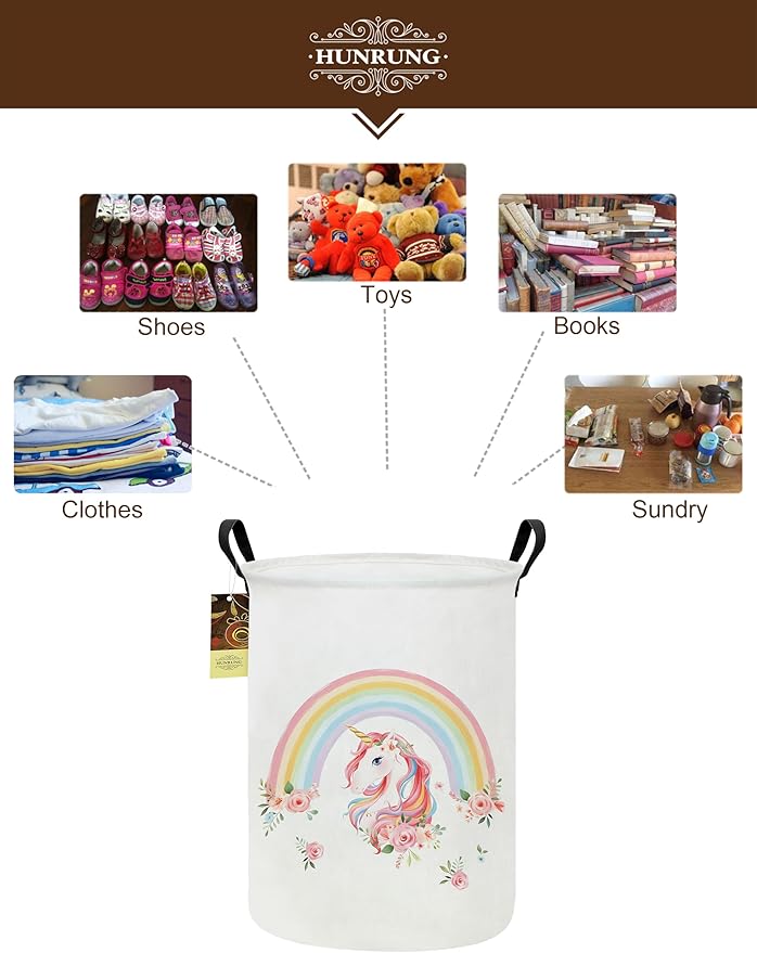 HUNRUNG Collapsible Fabric Storage Basket, Waterproof Laundry Hamper with Handles, Round Storage Bin for Clothes Toys, Foldable Organizer for Bedroom Nursery Bathroom(Round-Rainbow Unicorn)